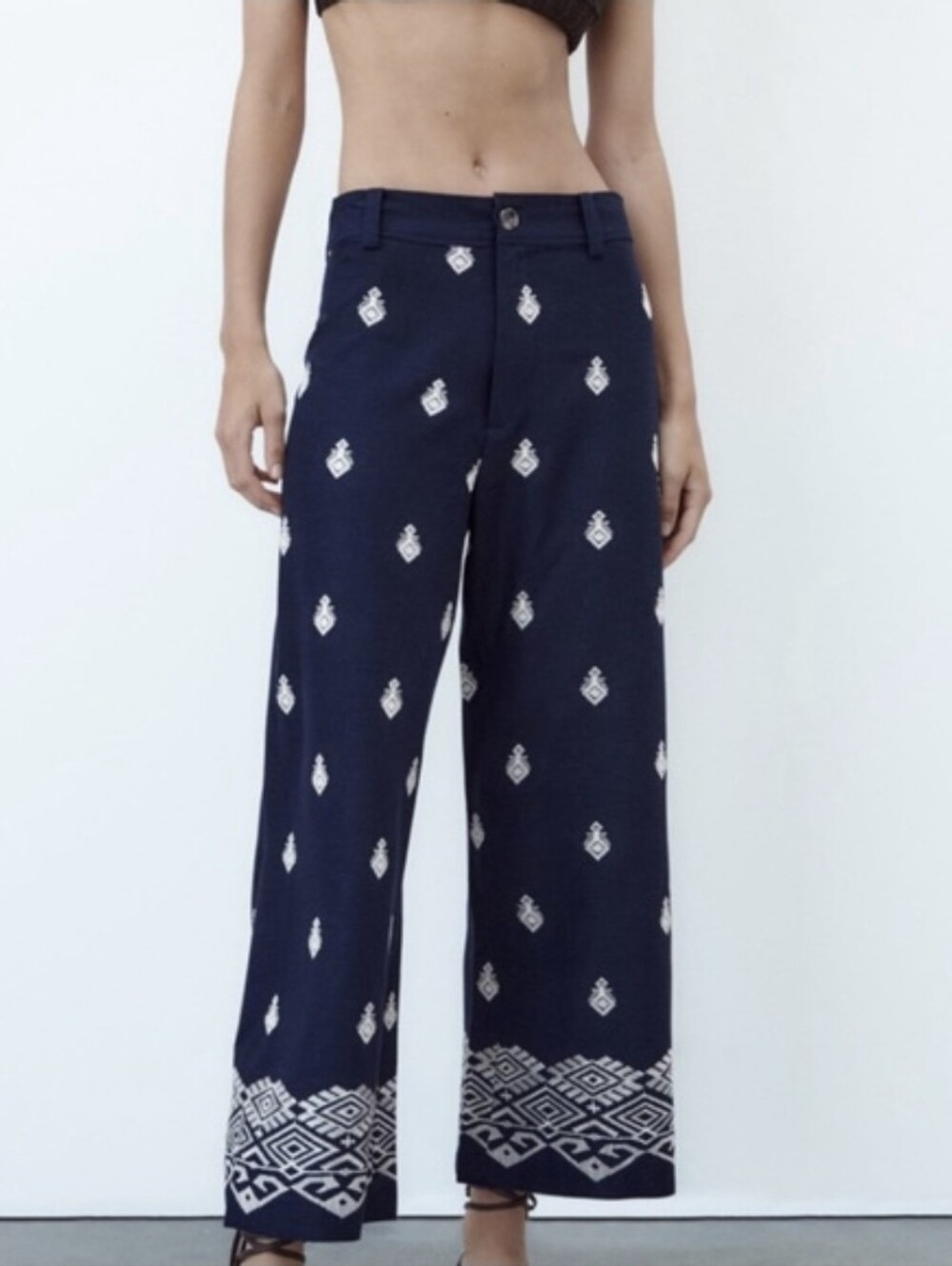 Zara Navy Blue Wide-Leg Printed Pants